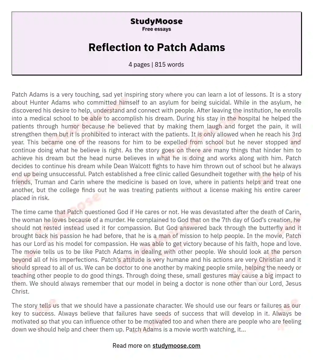 Reflection to Patch Adams essay