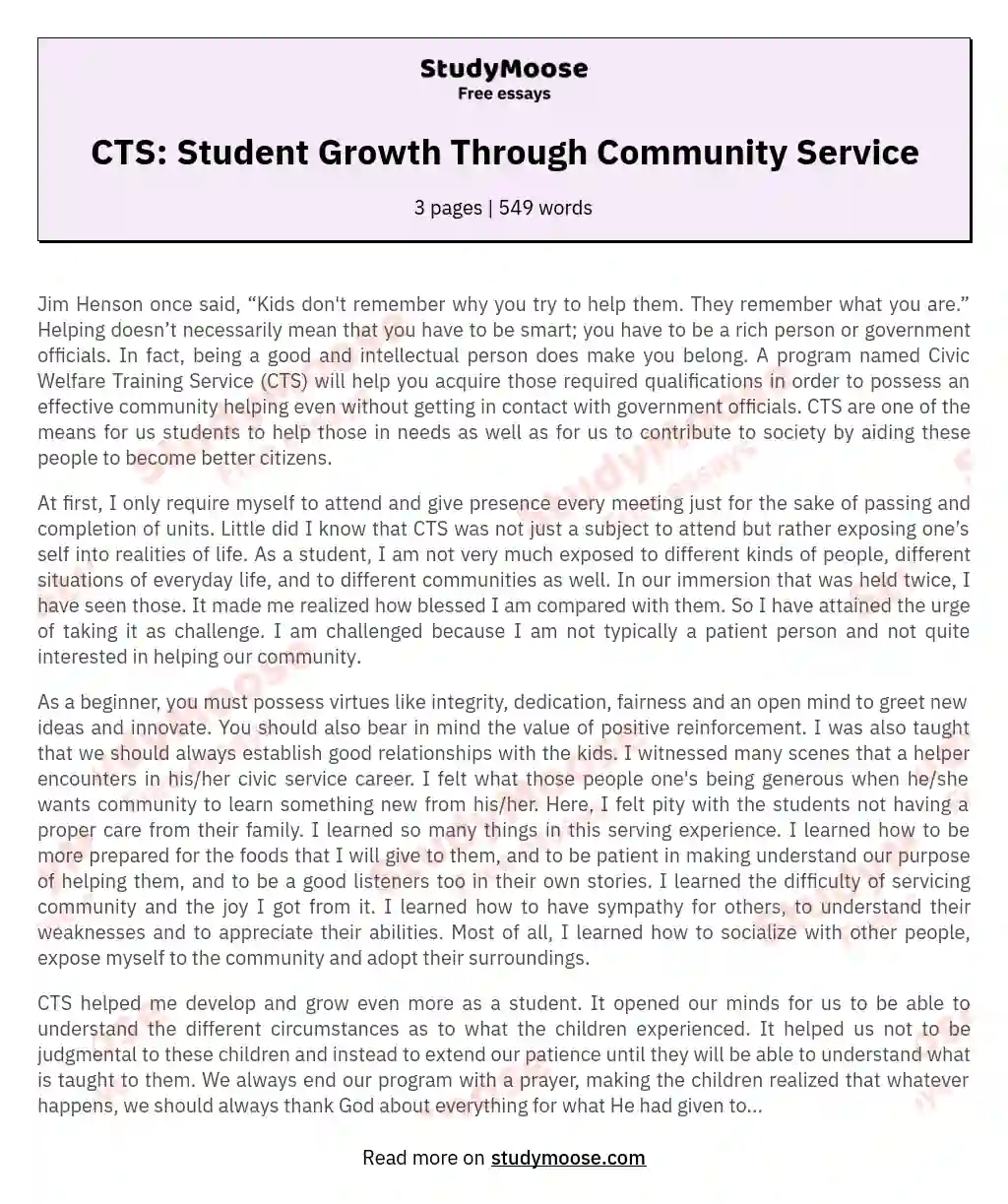 CTS: Student Growth Through Community Service essay