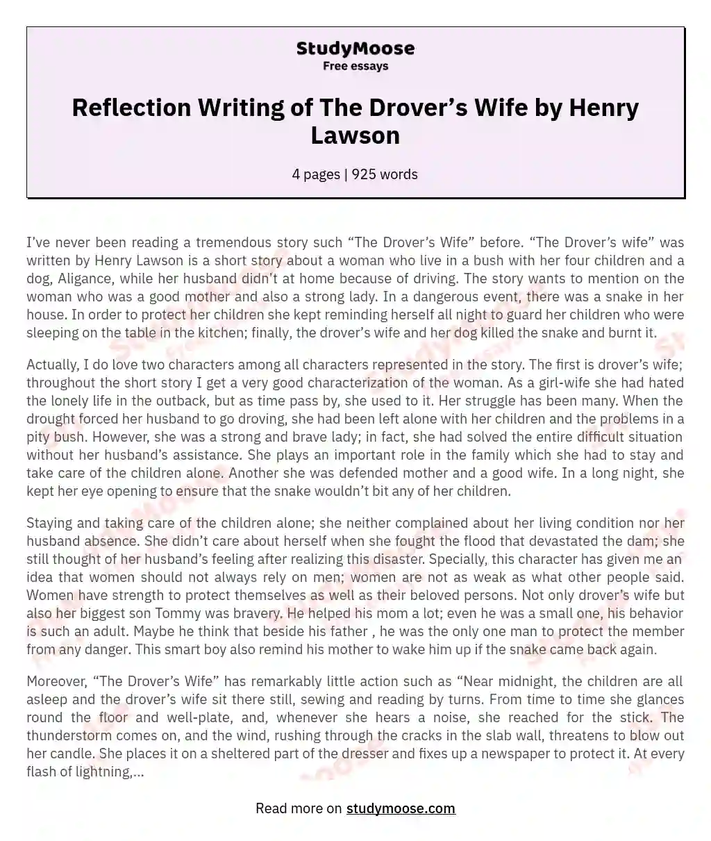 Reflection Writing of The Drover’s Wife by Henry Lawson essay