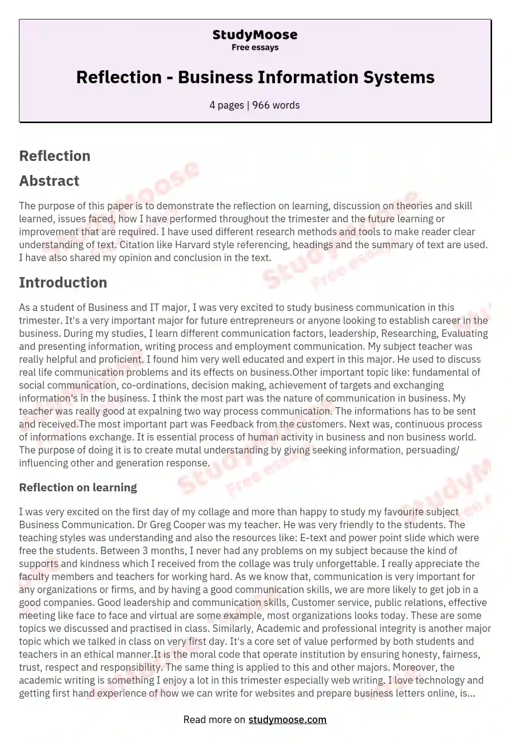 career reflection paper example