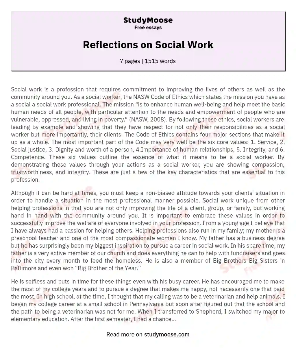 Reflections on Social Work essay