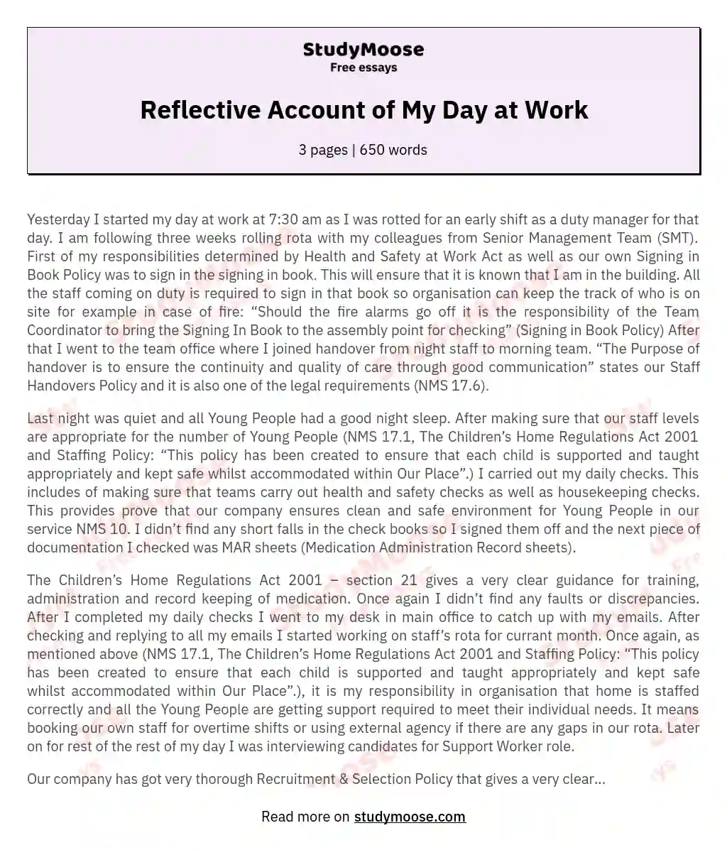 Reflective Account of My Day at Work essay