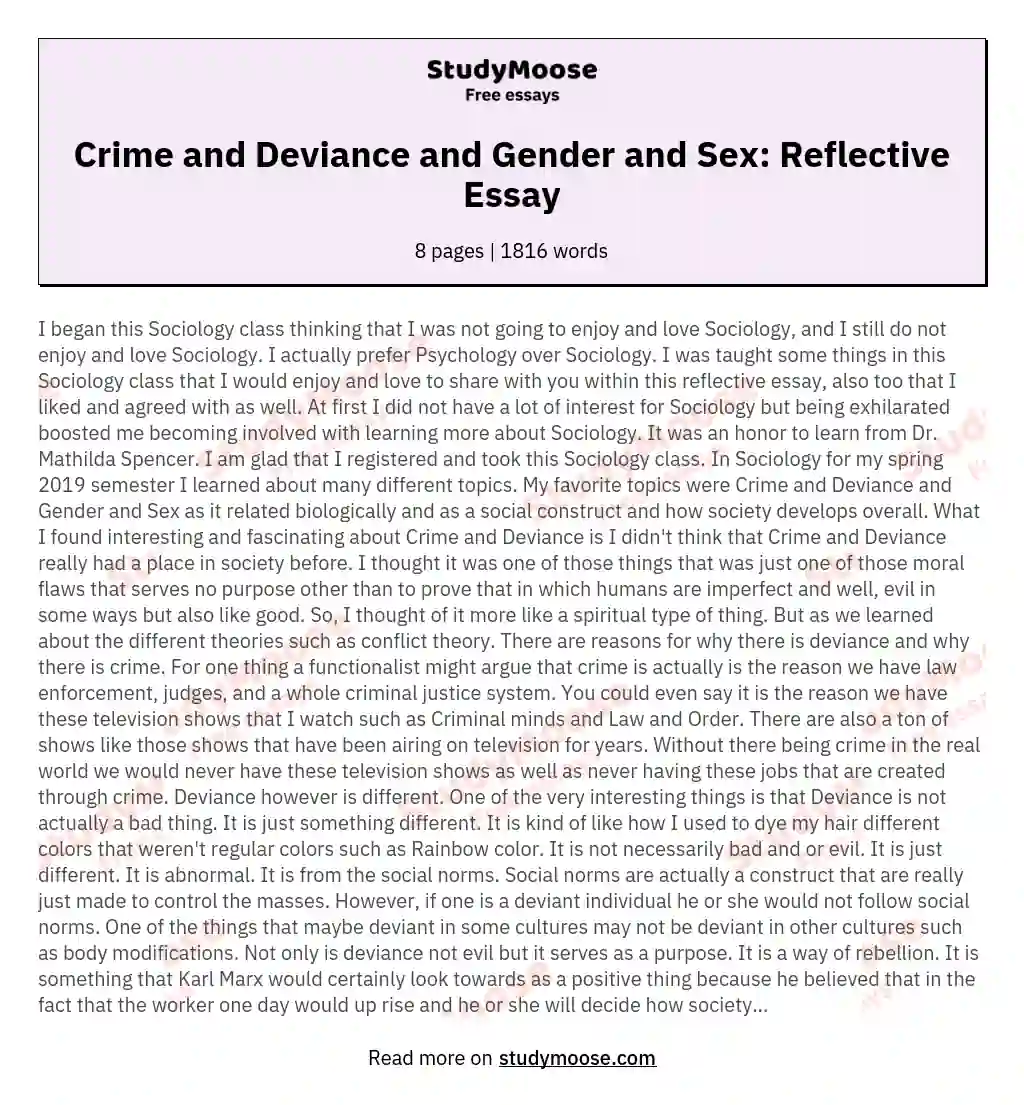 Crime and Deviance and Gender and Sex: Reflective Essay essay
