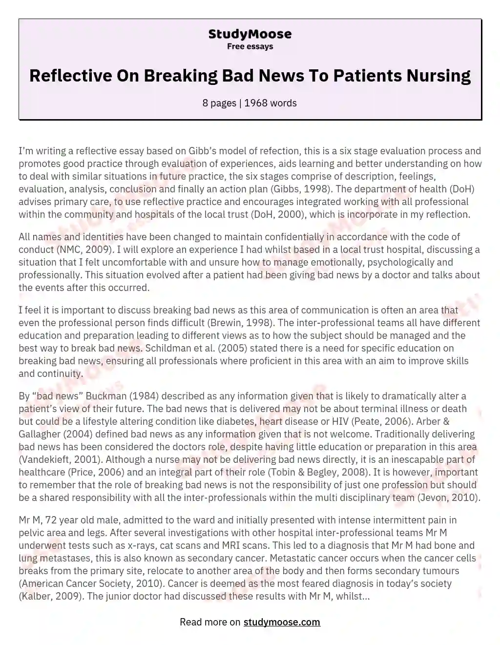 Reflective  On Breaking Bad News To Patients Nursing