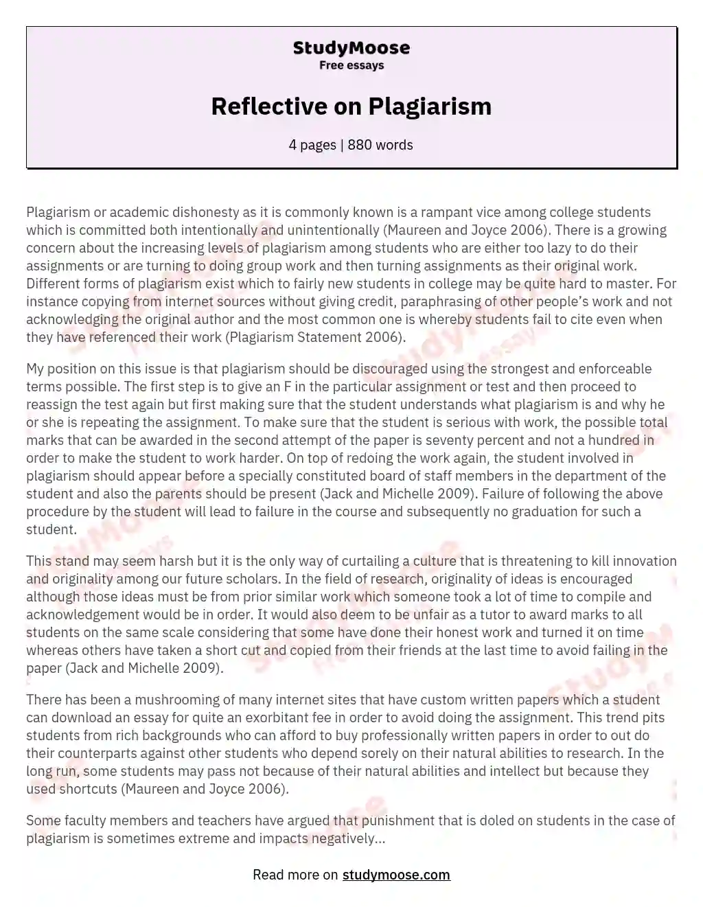 Reflective  on Plagiarism essay