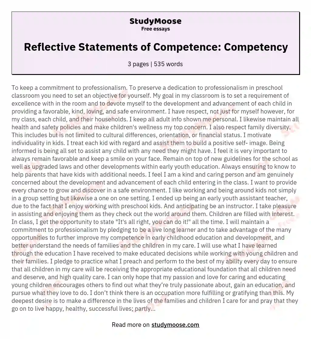 Reflective Statements of Competence: Competency