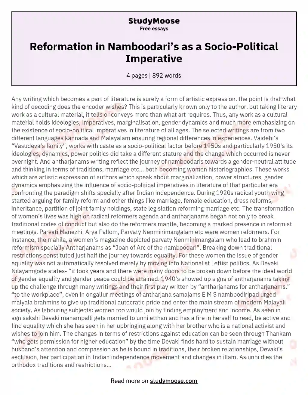 Reformation in Namboodari’s as a Socio-Political Imperative essay
