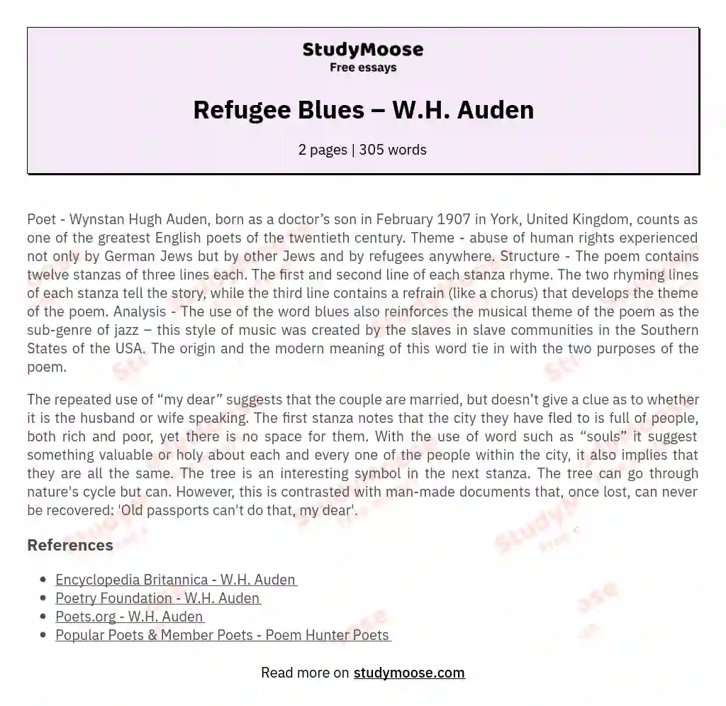 Refugee Blues – W.H. Auden essay