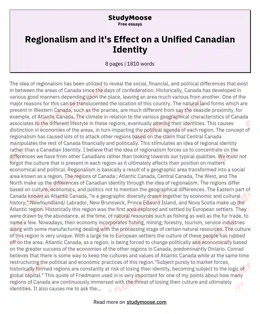 Regionalism and it's Effect on a Unified Canadian Identity essay