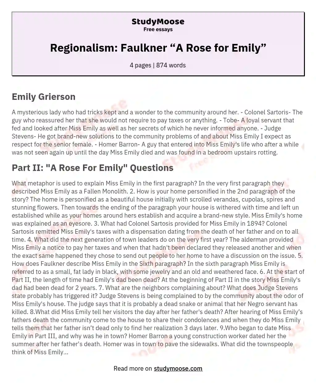 Regionalism: Faulkner “A Rose for Emily” essay