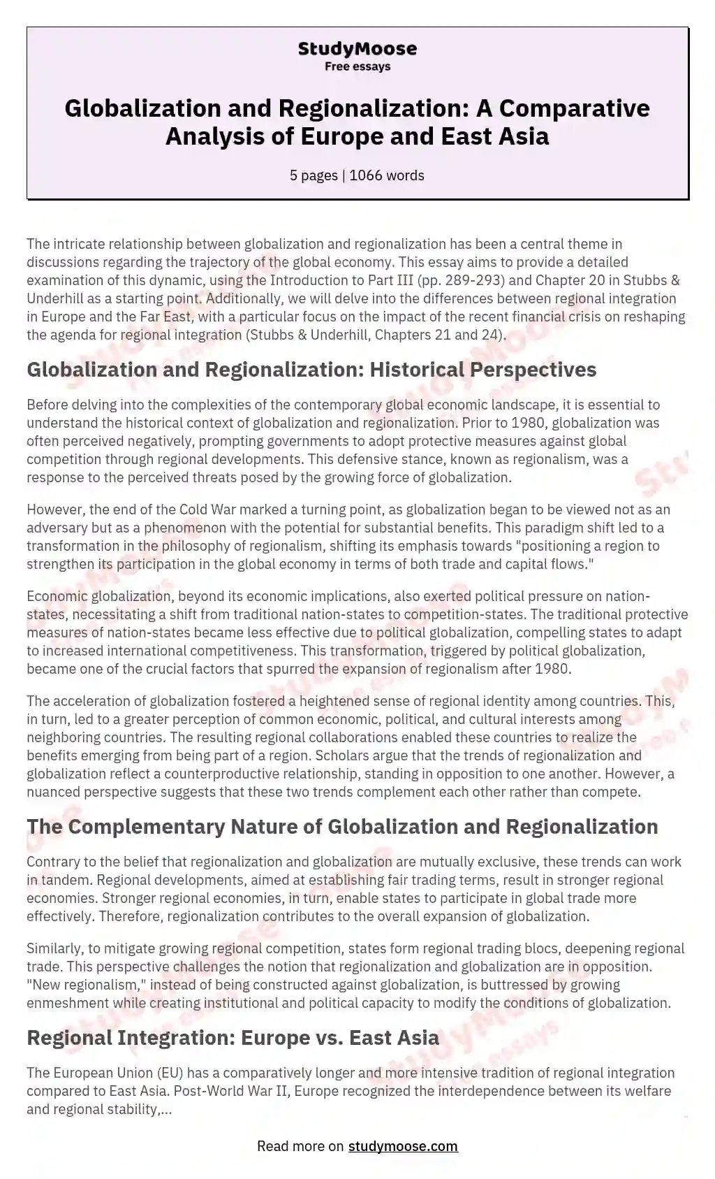 Globalization and Regionalization: A Comparative Analysis of Europe and East Asia essay