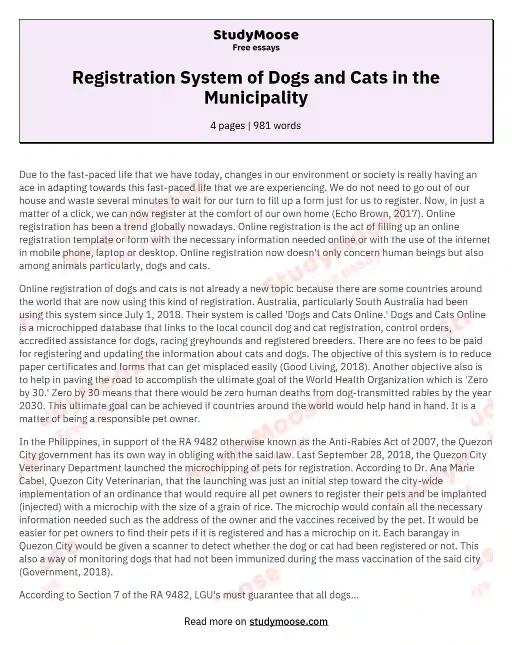 Registration System of Dogs and Cats in the Municipality essay
