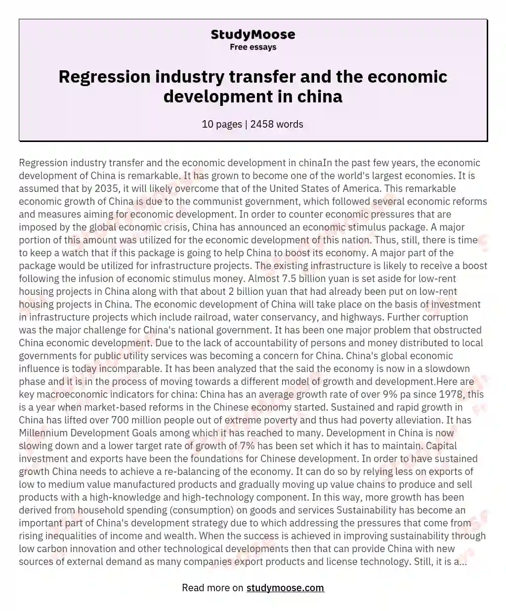 Regression industry transfer and the economic development in china