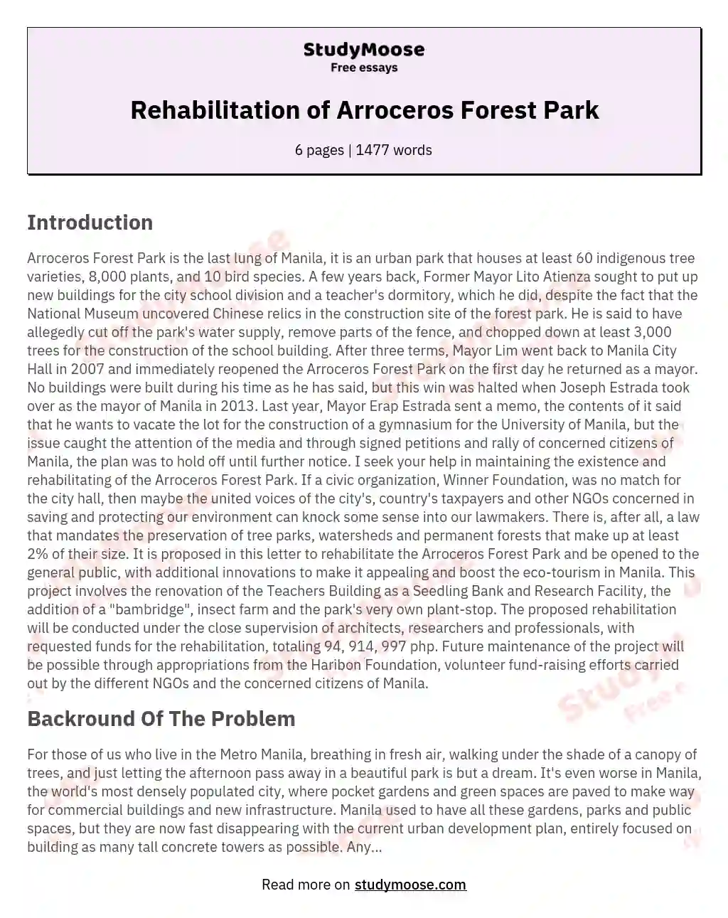 Rehabilitation of Arroceros Forest Park essay