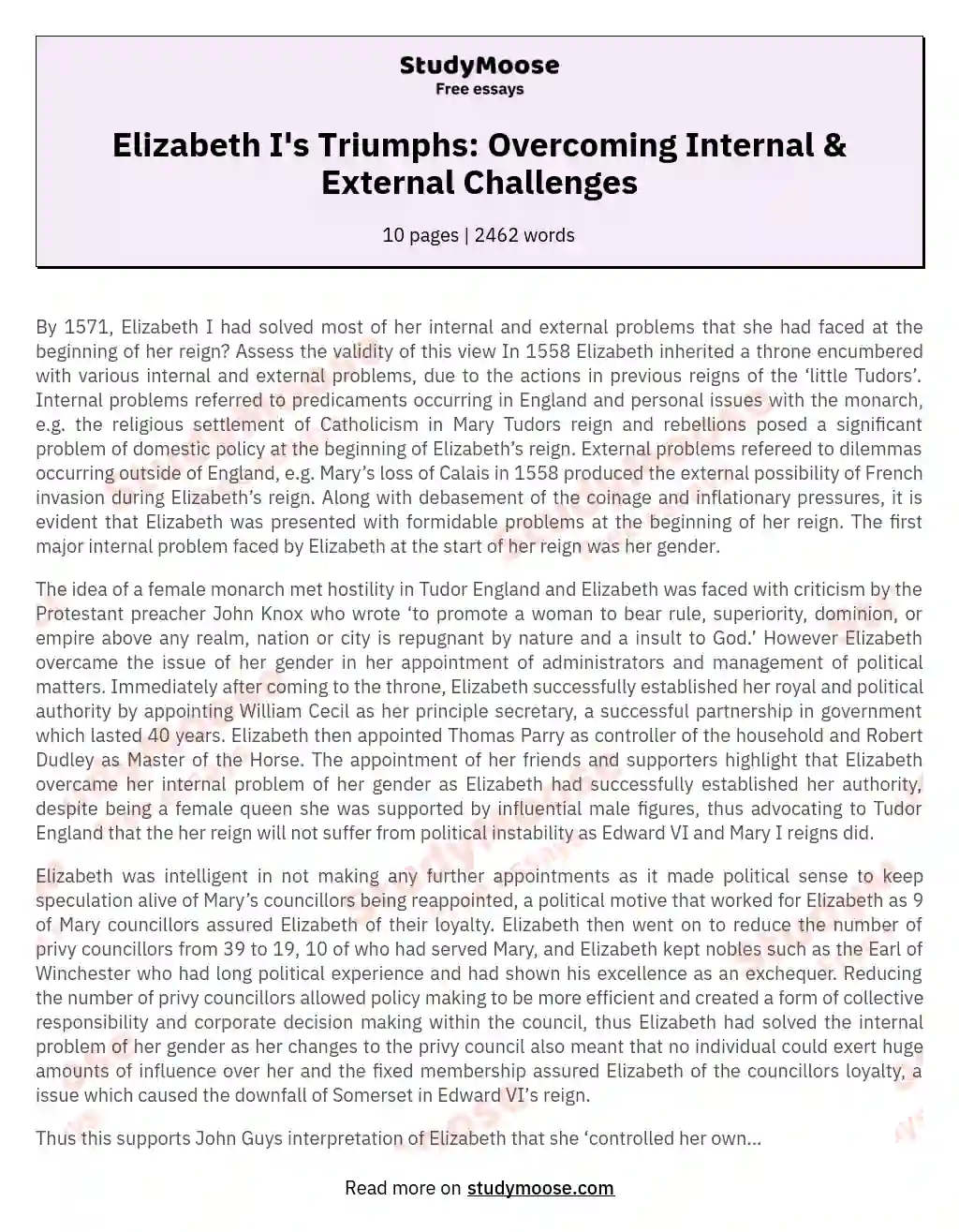 Elizabeth I's Triumphs: Overcoming Internal & External Challenges essay