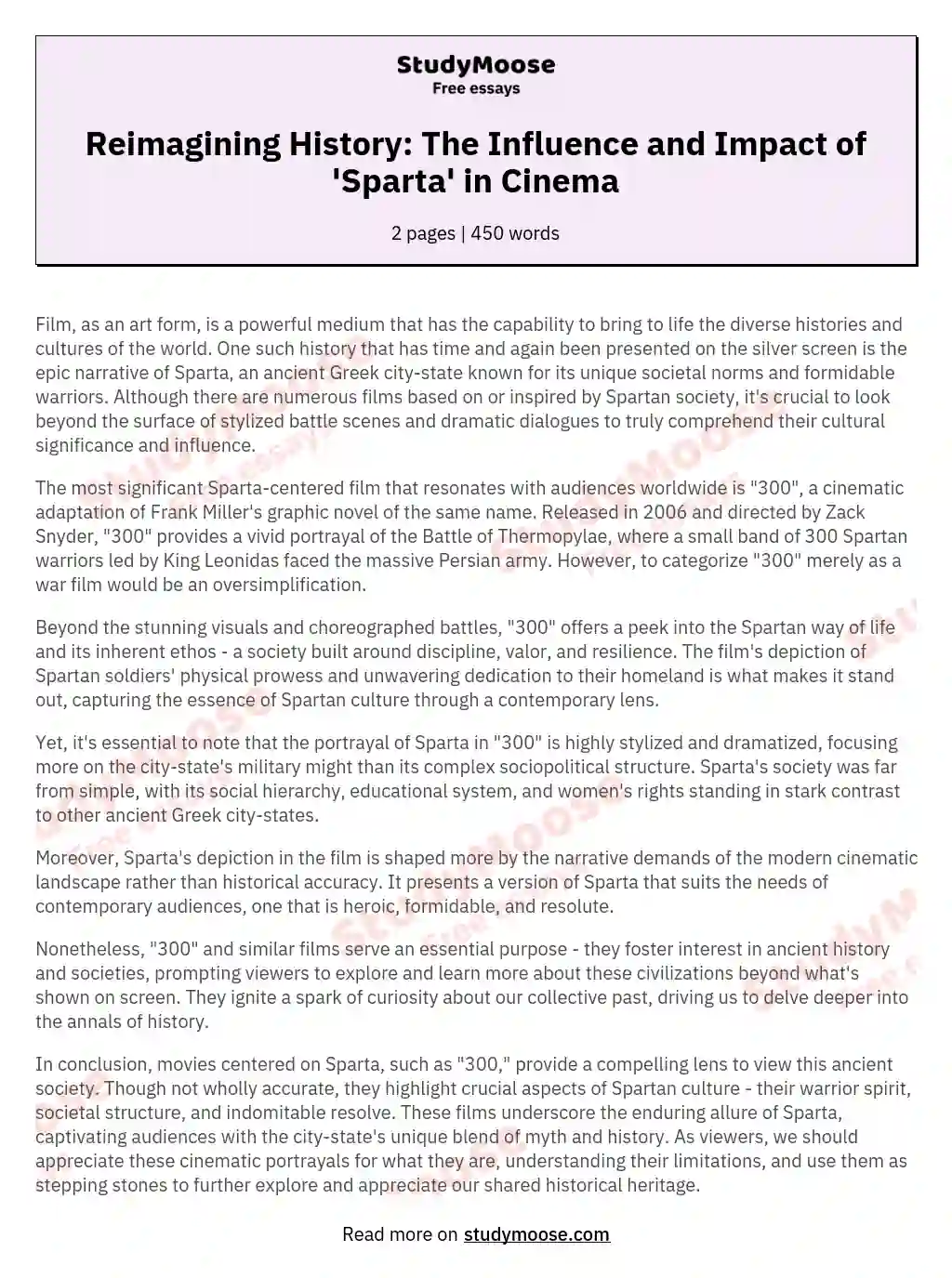 Reimagining History: The Influence and Impact of 'Sparta' in Cinema essay
