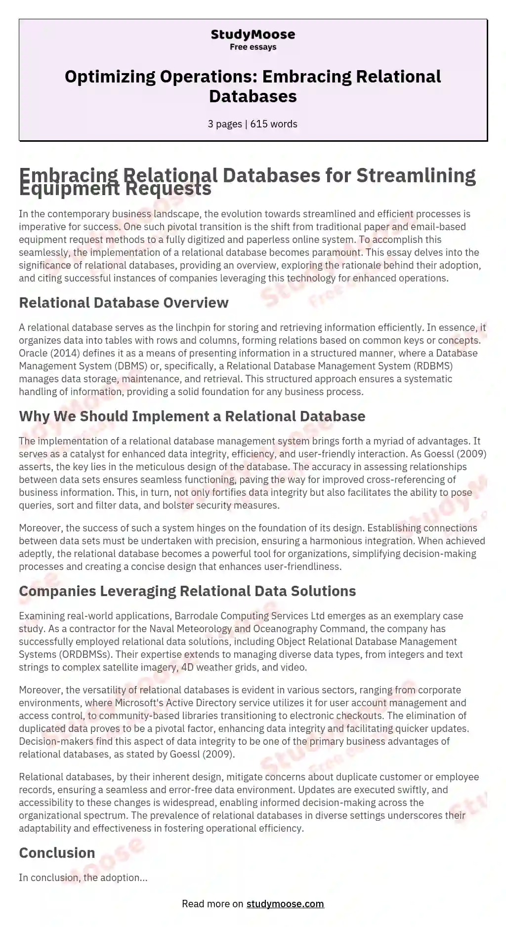 Optimizing Operations: Embracing Relational Databases essay