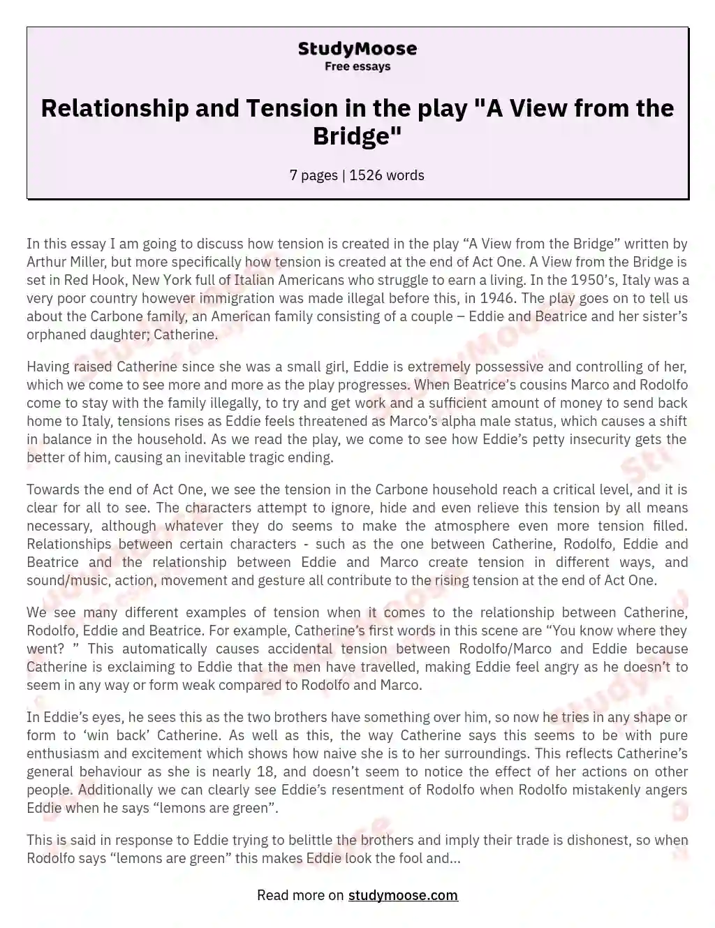 Relationship and Tension in the play "A View from the Bridge" essay