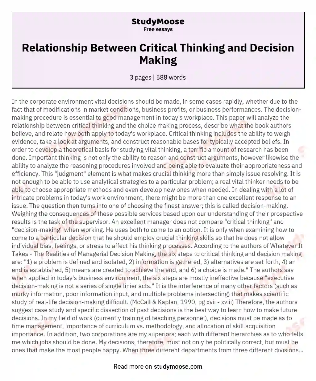 Relationship Between Critical Thinking and Decision Making essay