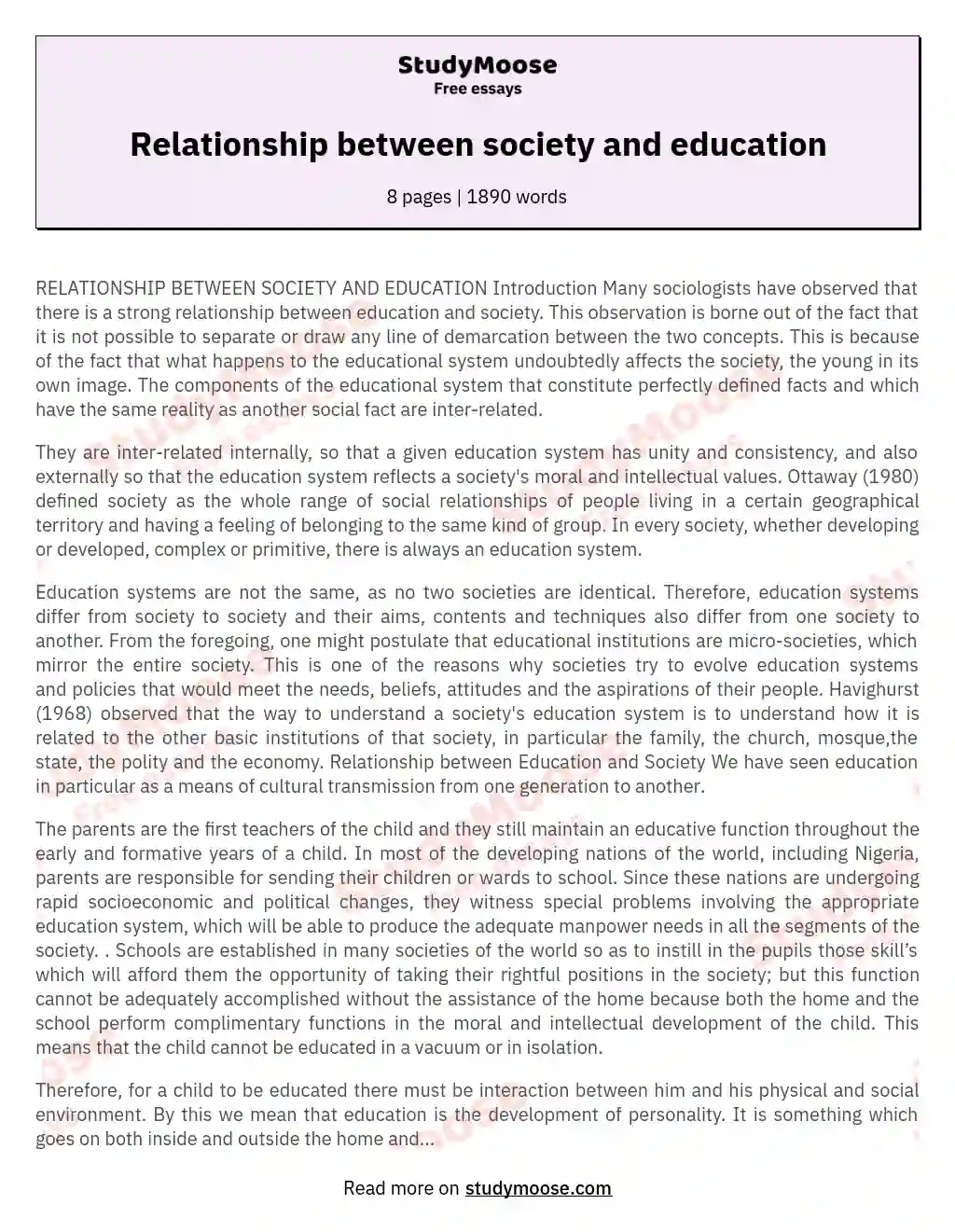 Relationship between society and education essay
