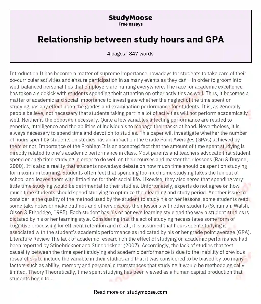 Relationship between study hours and GPA essay