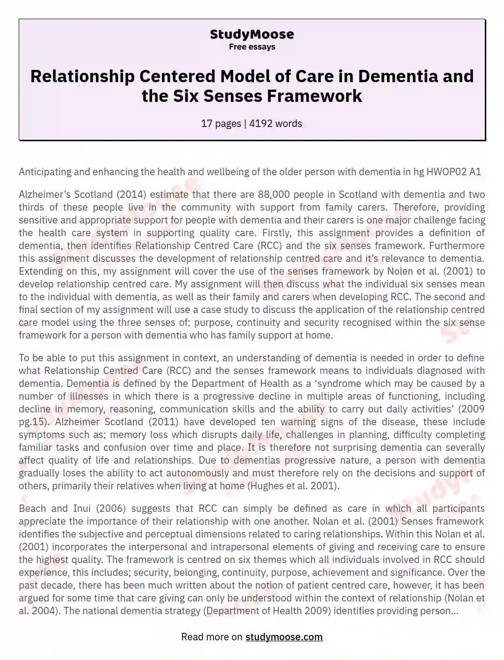 Relationship Centered Model of Care in Dementia and the Six Senses Framework essay