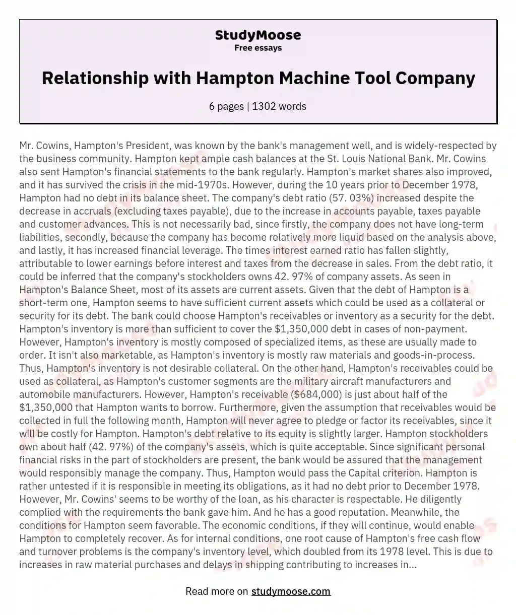 Relationship with Hampton Machine Tool Company essay