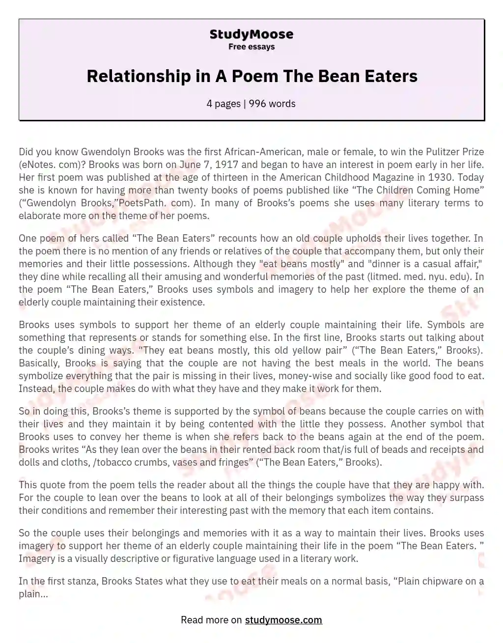 Relationship in A Poem The Bean Eaters essay