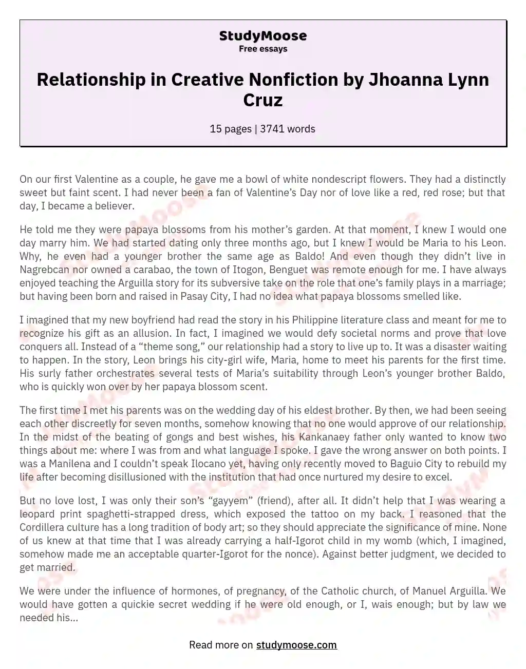 Relationship in Creative Nonfiction by Jhoanna Lynn Cruz essay