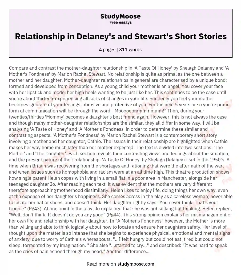 Relationship in Delaney's and Stewart's Short Stories essay