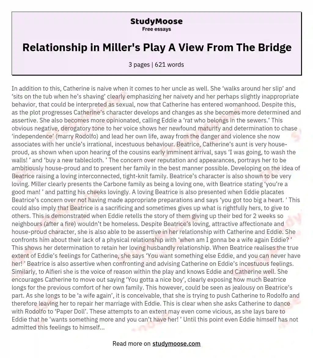 Relationship in Miller's Play A View From The Bridge essay