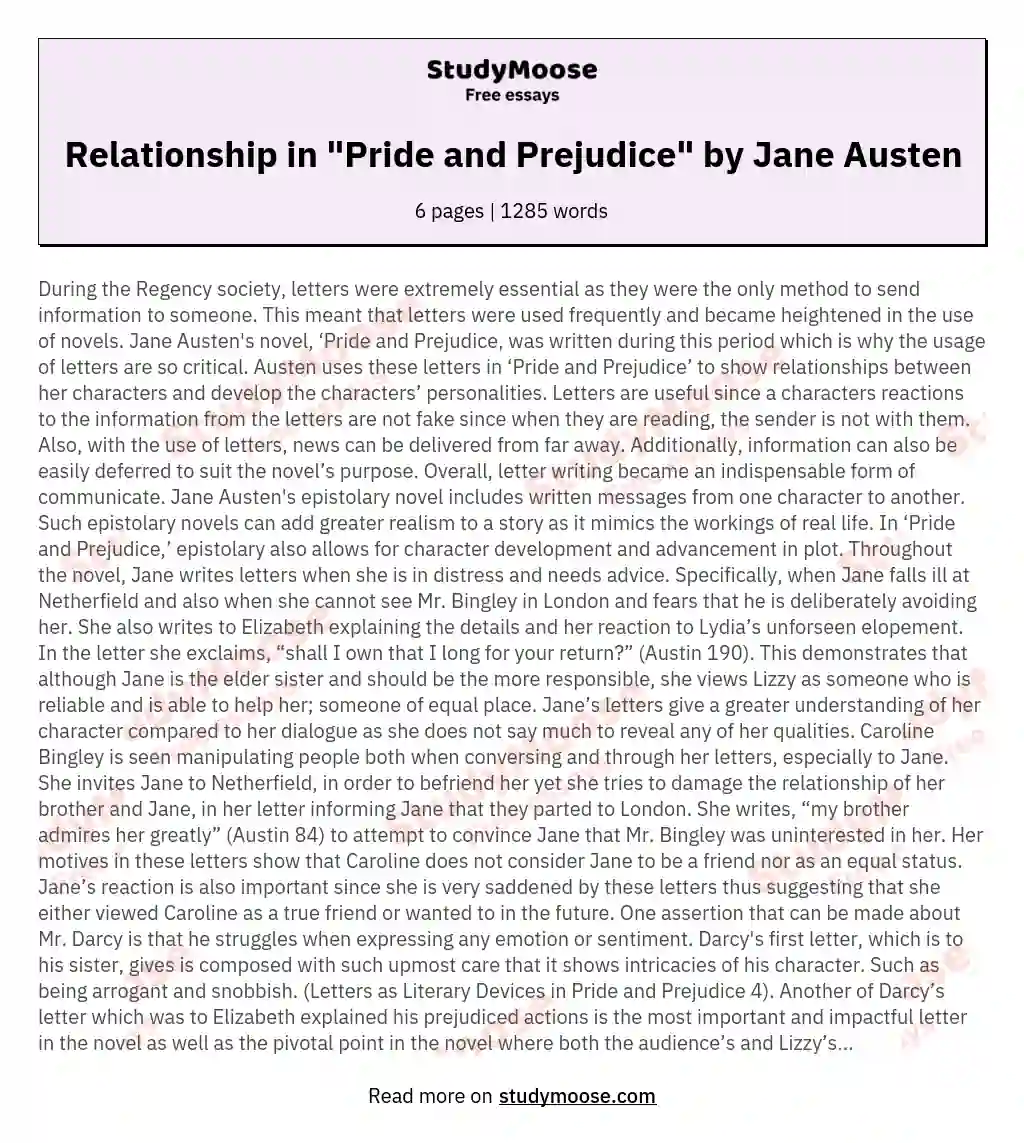 Relationship in "Pride and Prejudice" by Jane Austen essay