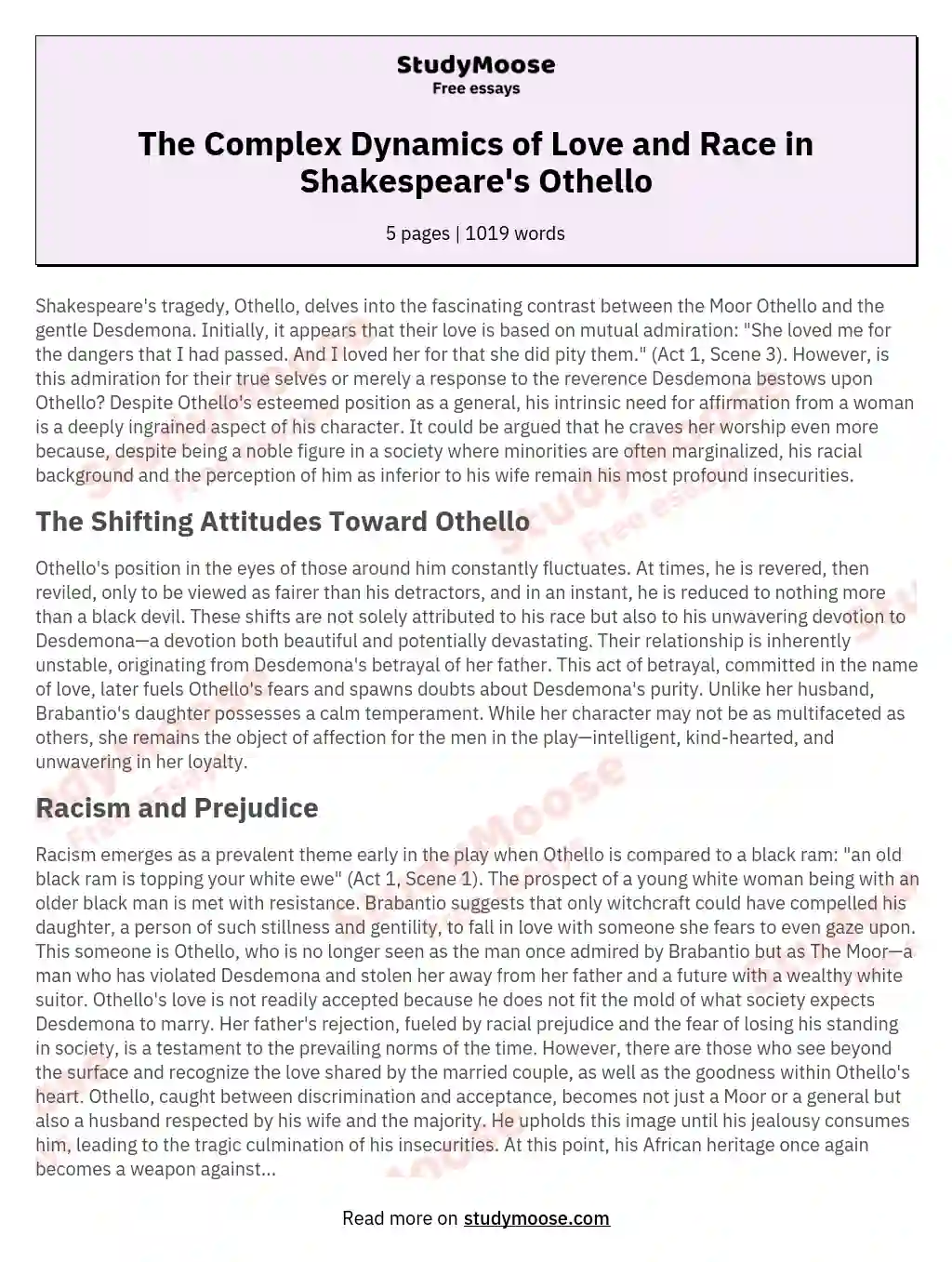 The Complex Dynamics of Love and Race in Shakespeare's Othello essay