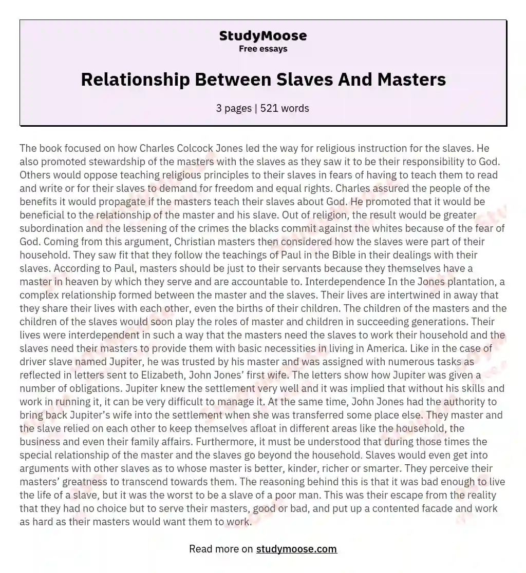 Relationship Between Slaves And Masters essay