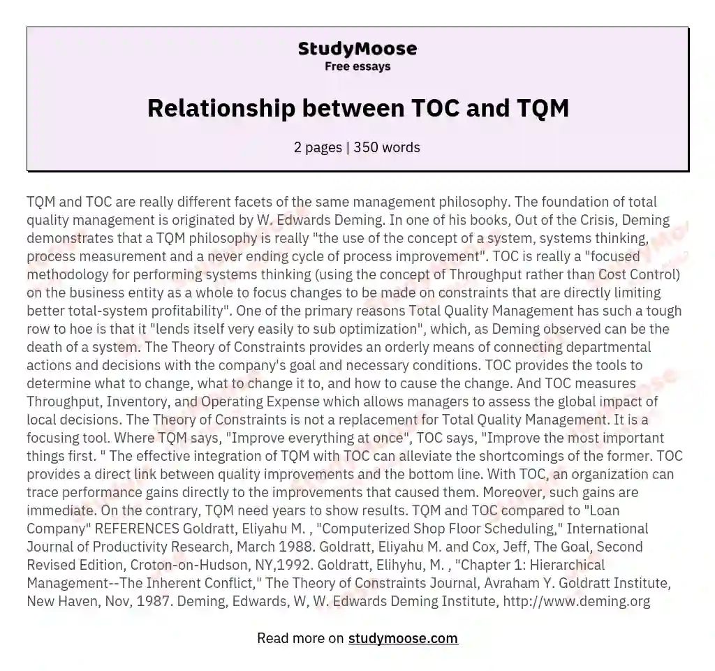 Relationship between TOC and TQM essay