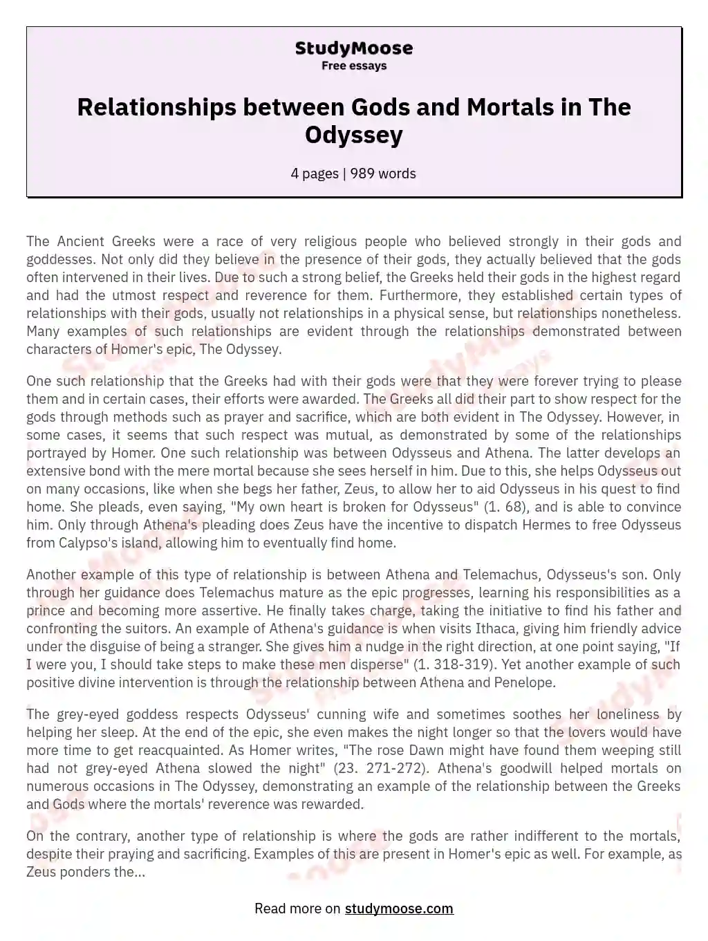Relationships between Gods and Mortals in The Odyssey essay