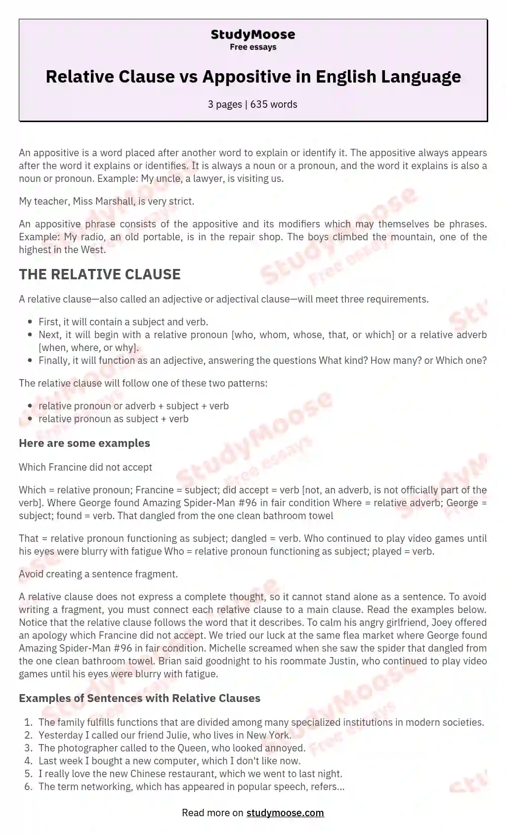 Relative Clause vs Appositive in English Language essay