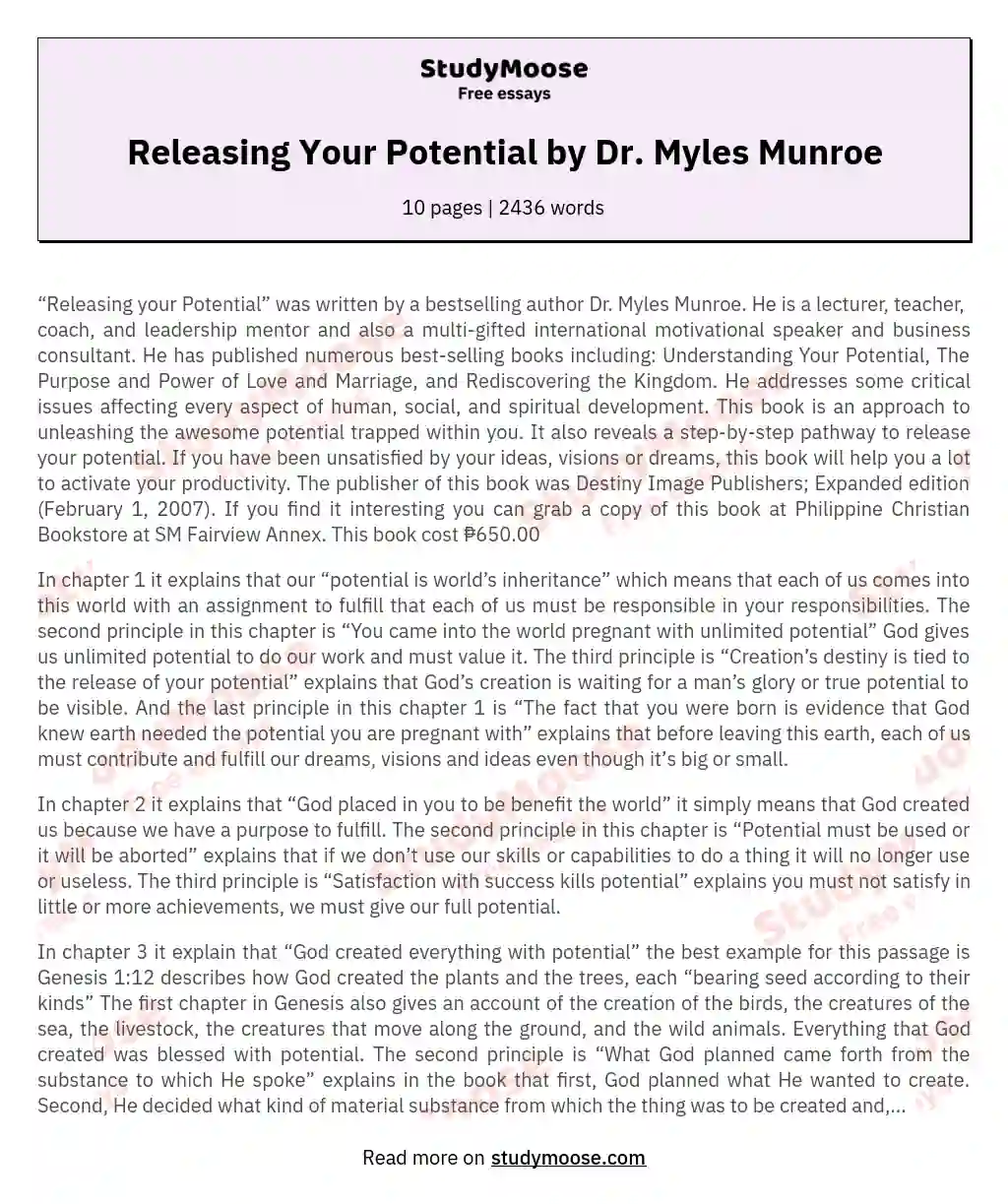 Releasing Your Potential by Dr. Myles Munroe essay