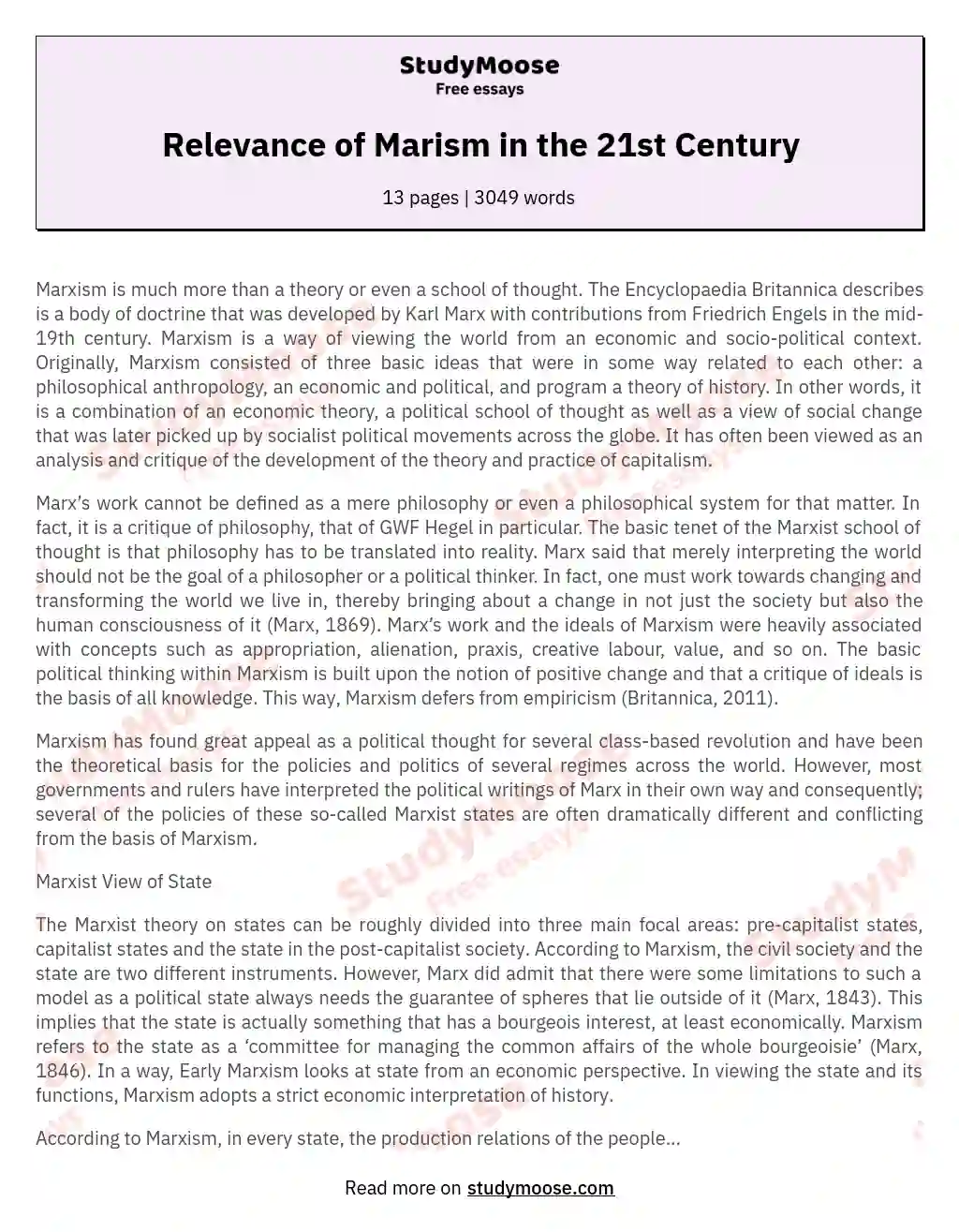 Relevance of Marism in the 21st Century essay