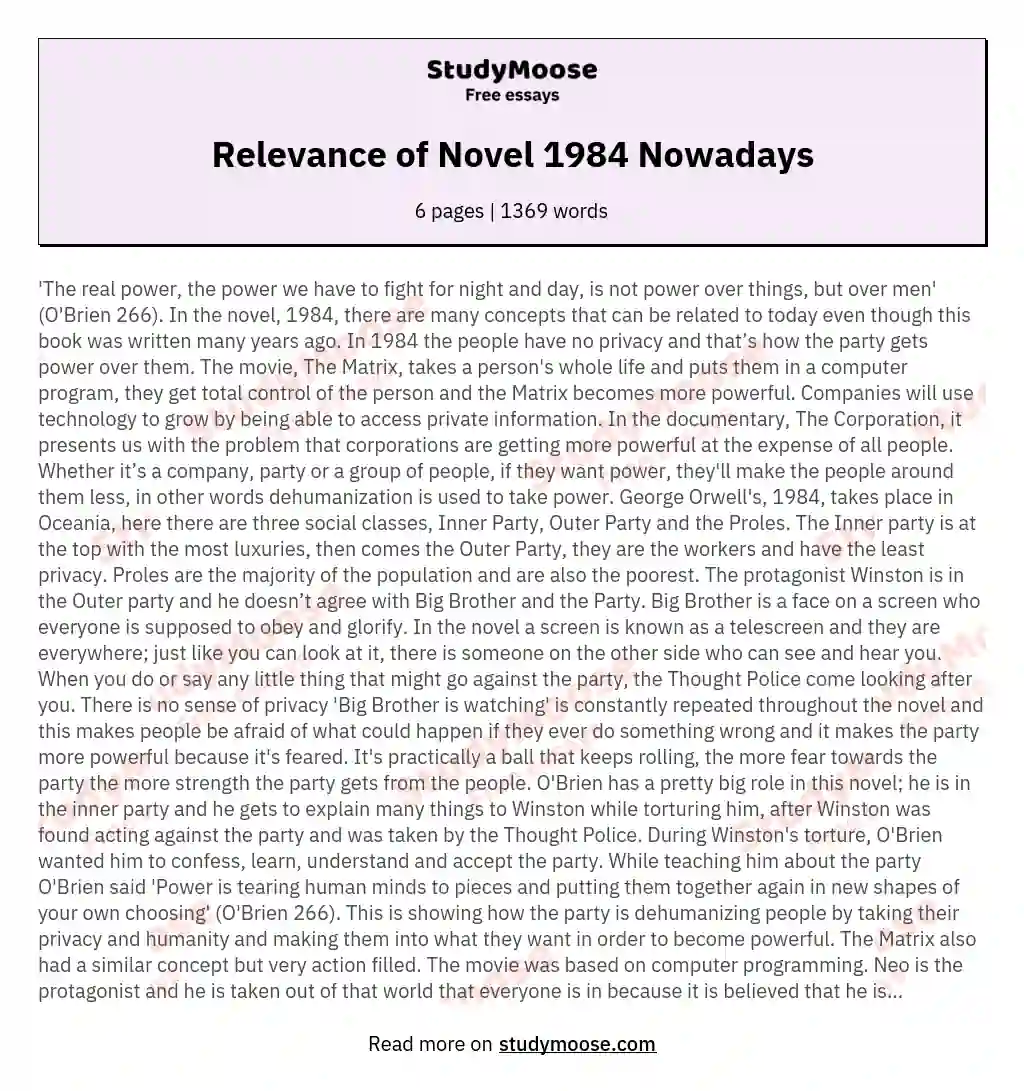 Relevance of Novel 1984 Nowadays essay