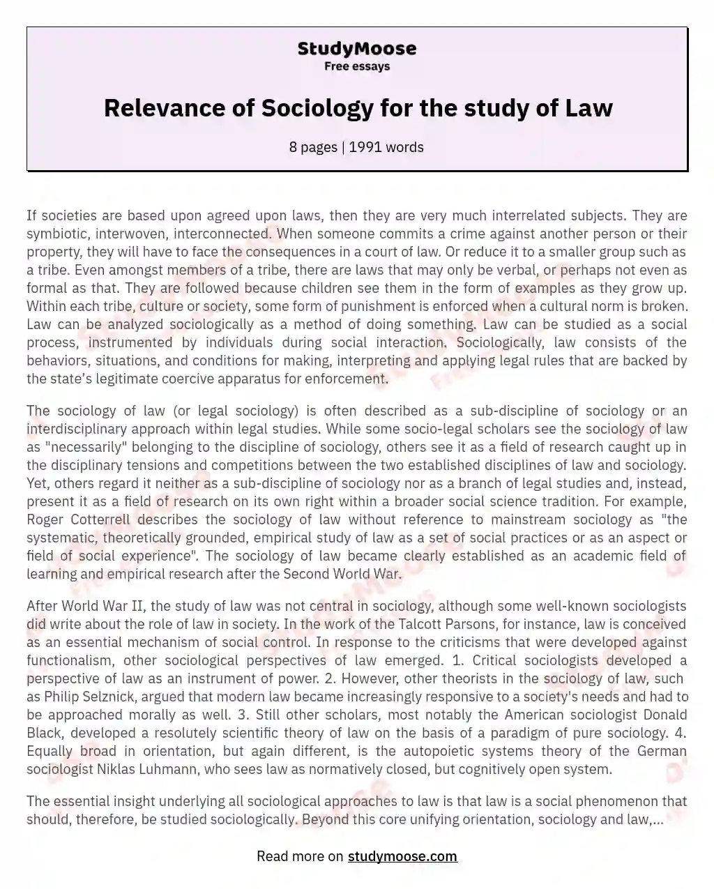 Relevance of Sociology for the study of Law essay