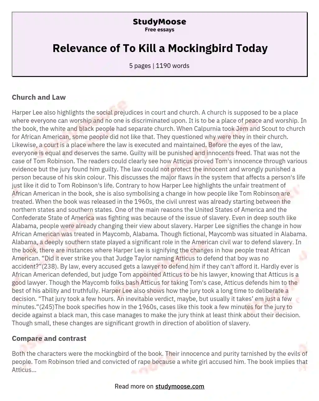 Relevance of To Kill a Mockingbird Today essay