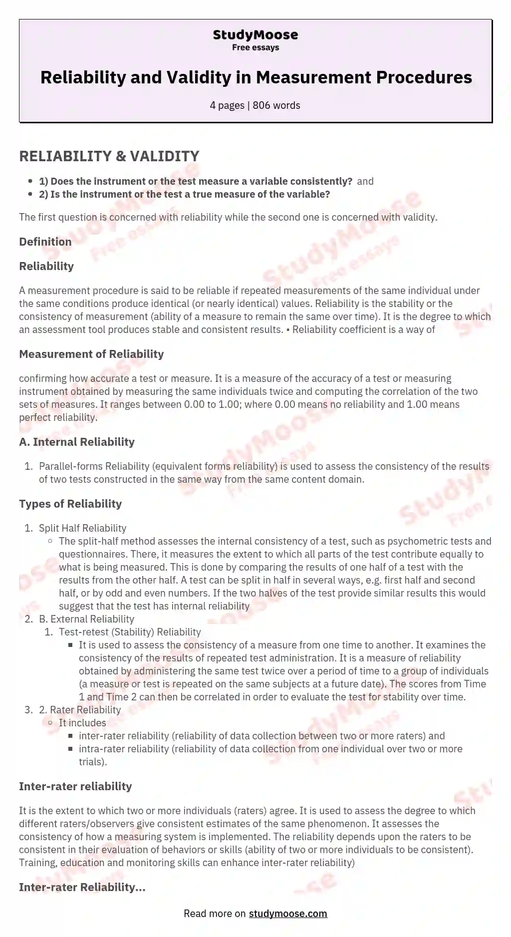 Reliability and Validity in Measurement Procedures essay