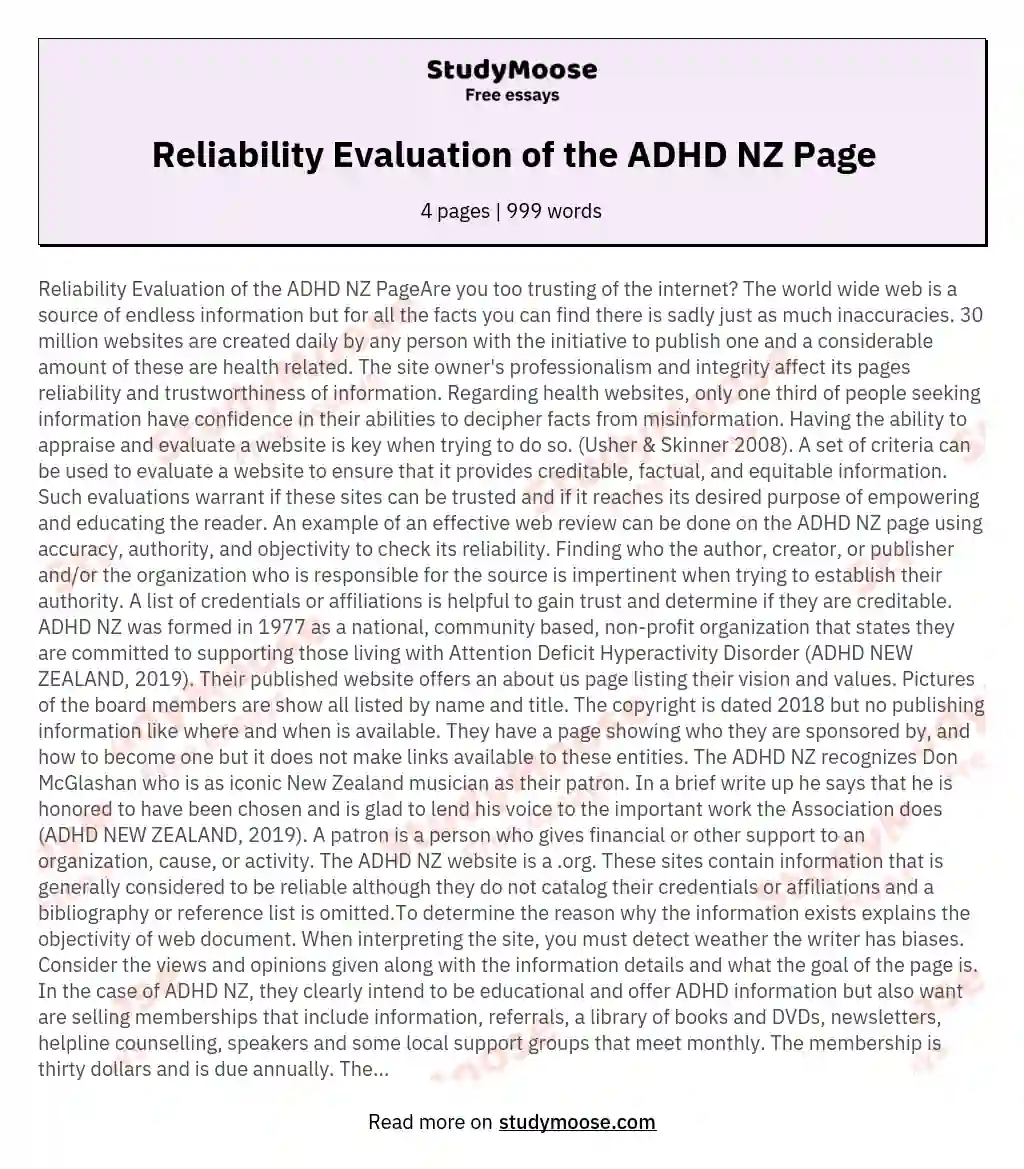 Reliability Evaluation of the ADHD NZ Page