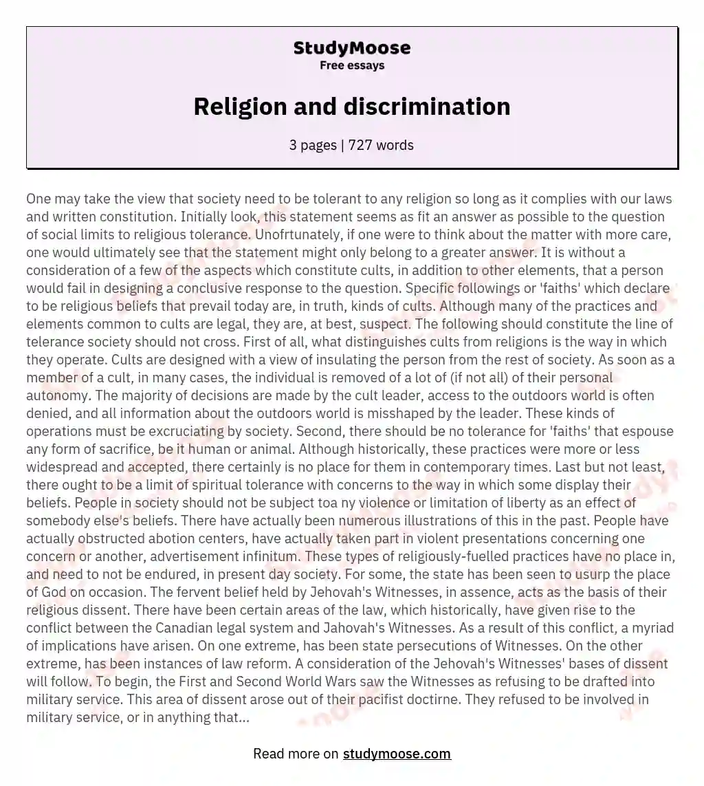 discrimination based on religion essay