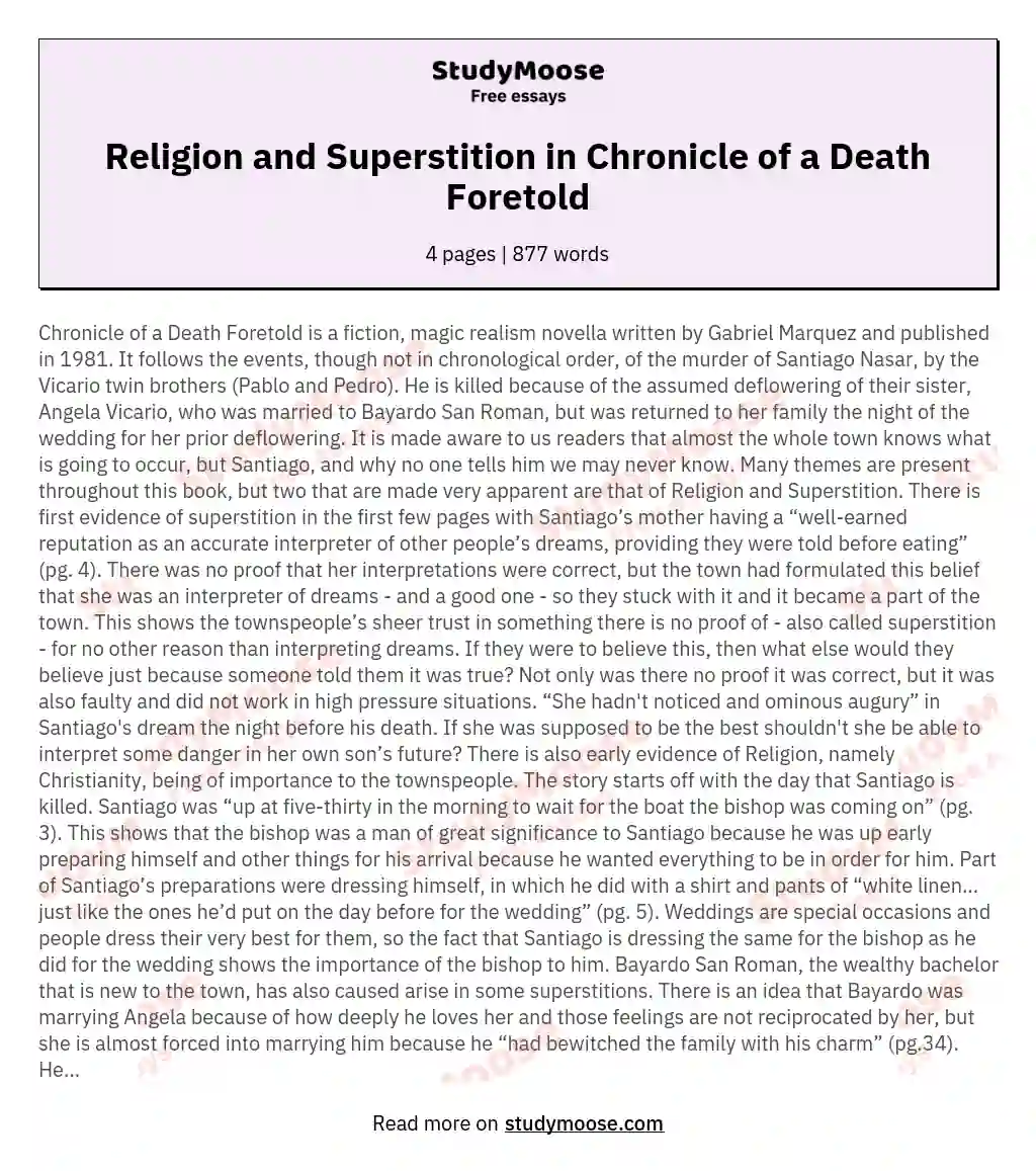 Religion and Superstition in Chronicle of a Death Foretold essay