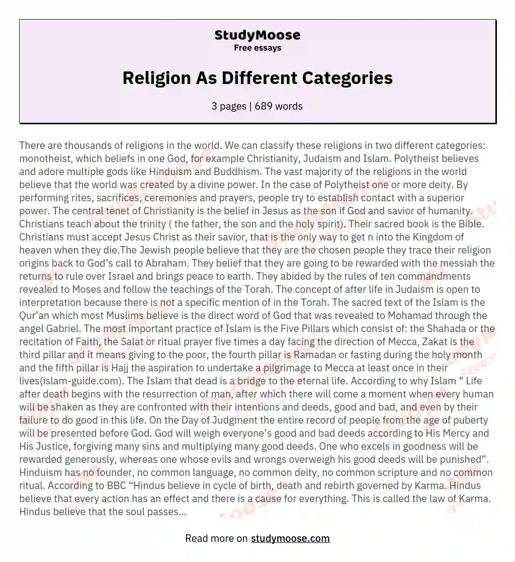 Religion As Different Categories essay