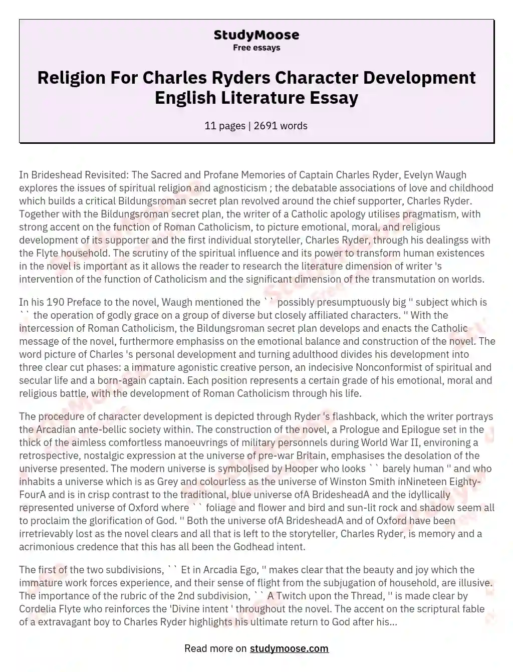 Religion For Charles Ryders Character Development English Literature Essay essay
