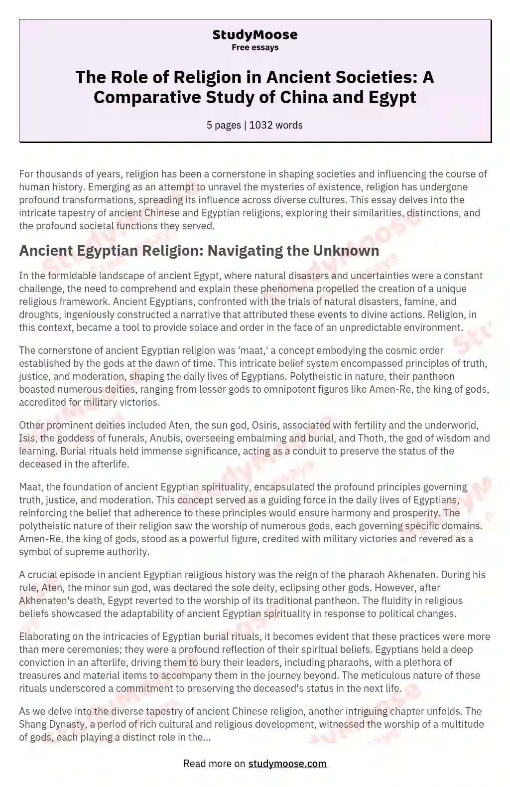 The Role of Religion in Ancient Societies: A Comparative Study of China and Egypt essay