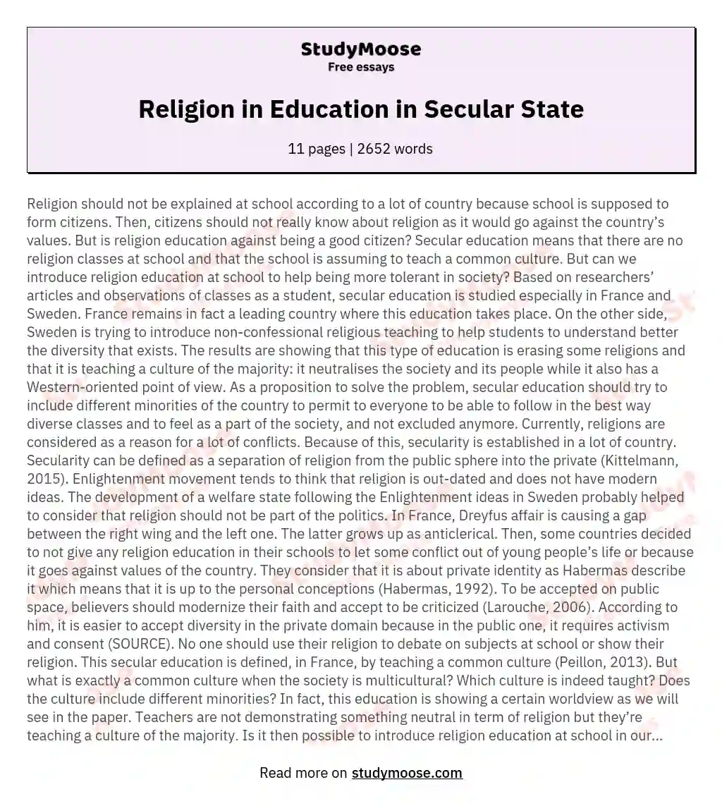 Religion in Education in Secular State essay